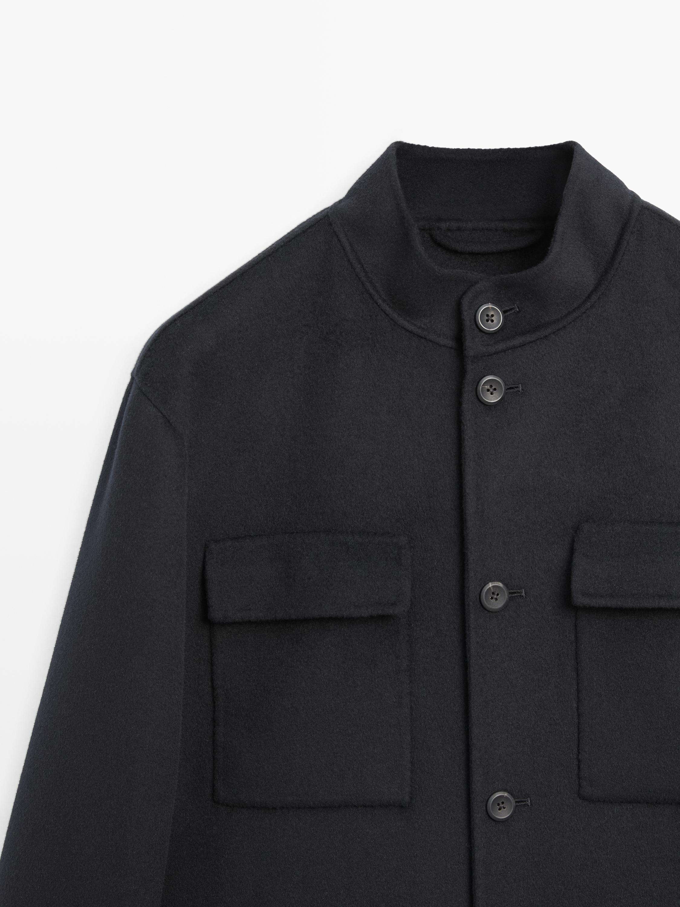 Double wool blend jacket with stand collar